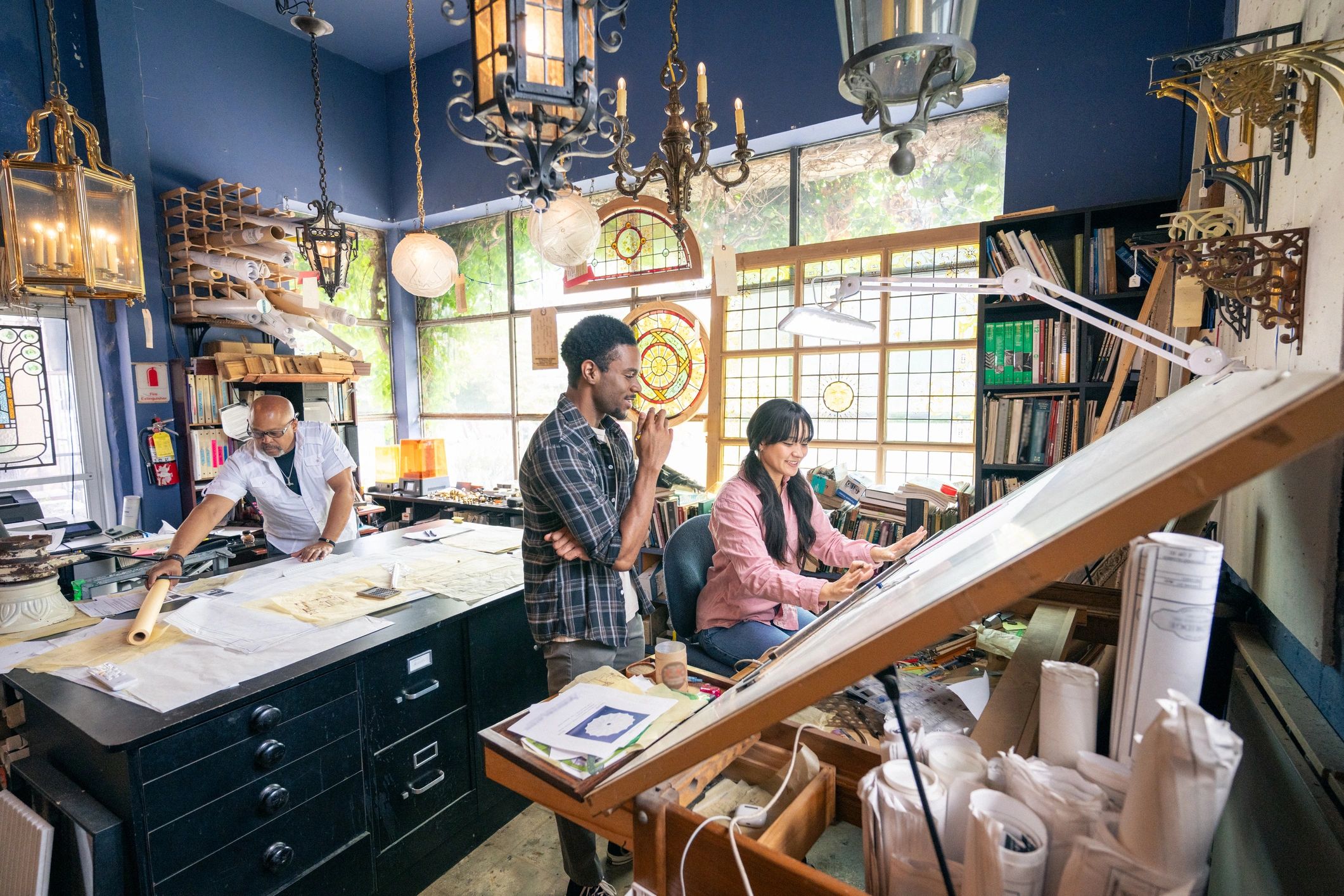 Design team collaborating in a home decor studio